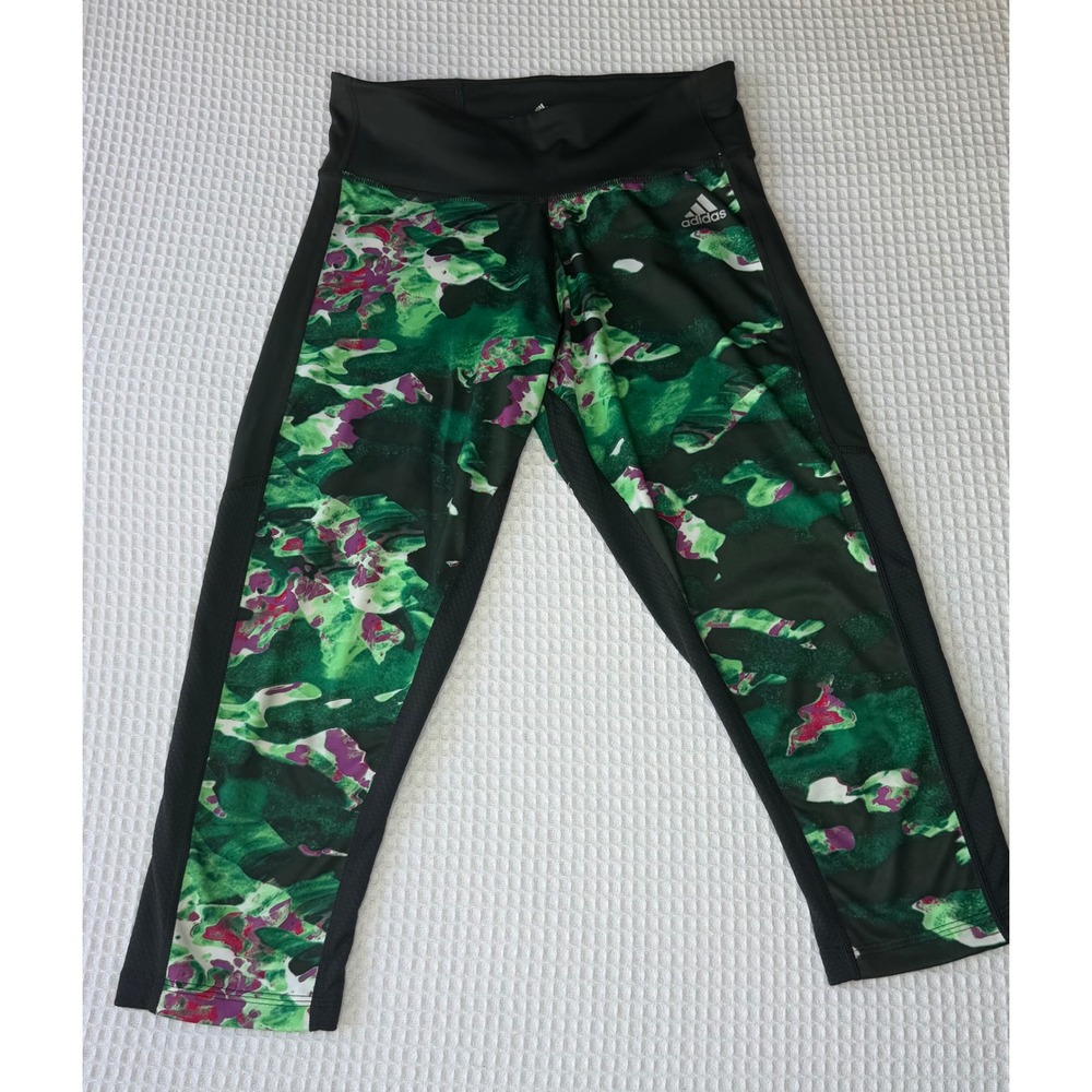 Adidas Womens Climalite Cropped Leggings Green Purple Camo‎ Print Size Small